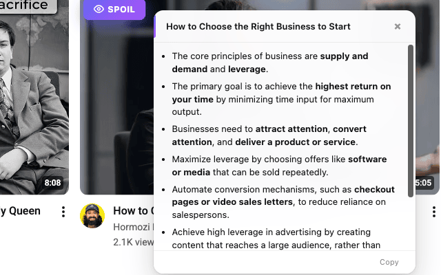 YouTube Spoiler summarizing a business strategy video